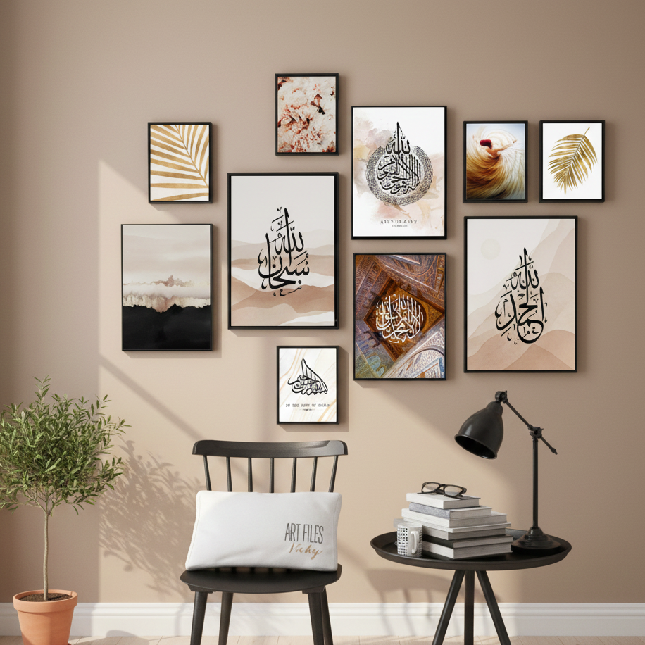 10Pcs Islamic Calligraphy Photo Tiles – 10 Piece Set with Double Tape, Small 5x7 & Large 8x11 Frames