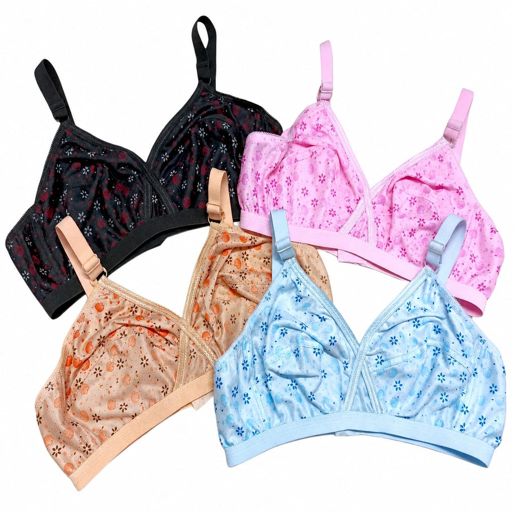 Pack Of 4 Women Ladies Girls Classy Multi Colour Jersey Printed Bra Brief Blouse Brazier Brass                  ie - Comfortable Daily Innerwear Set - 32 to 42