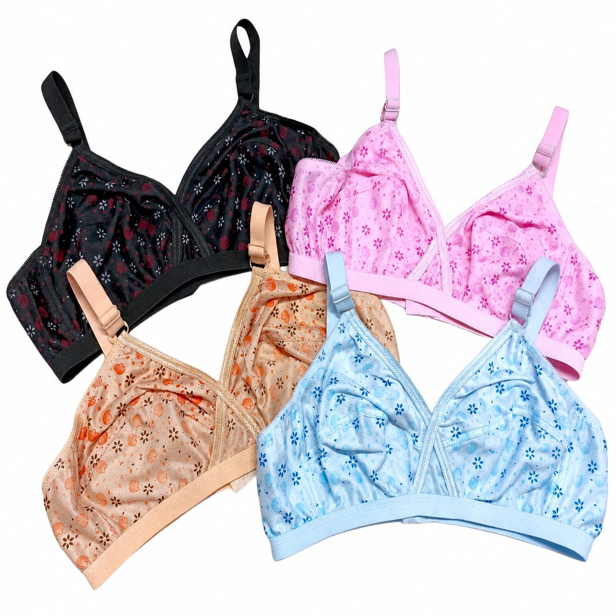 Pack Of 4 Women Ladies Girls Classy Multi Colour Jersey Printed Bra Brief Blouse Brazier Brass                  ie - Comfortable Daily Innerwear Set - 32 to 42