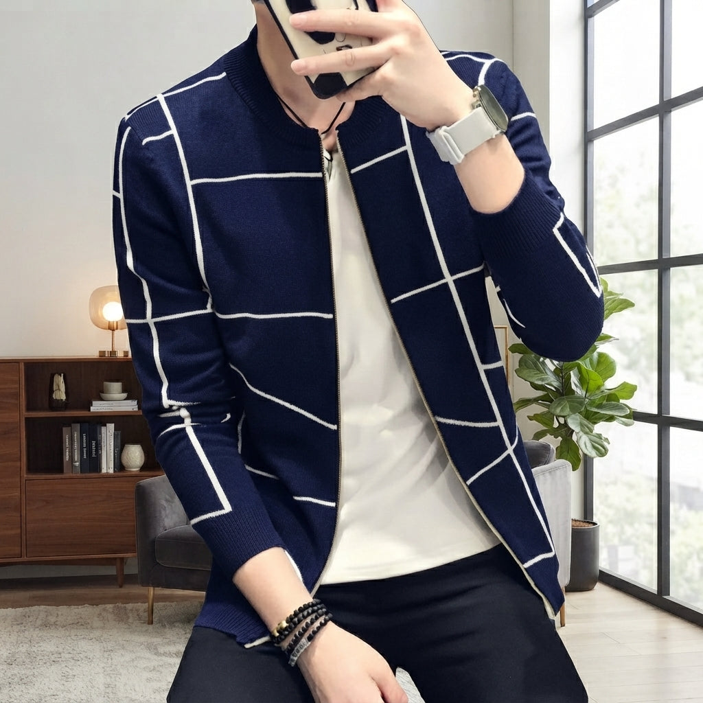 Men's Grid Pattern A Sharp Look  Casual Jacket Stylish Grid Pattern Outerwear For Men Modern Casual Jacket - L, Navy Blue