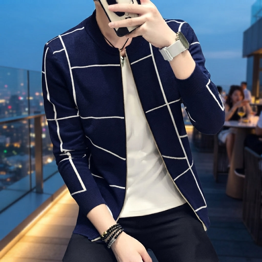 Men's Grid Pattern A Sharp Look  Casual Jacket Stylish Grid Pattern Outerwear For Men Modern Casual Jacket - L, Navy Blue