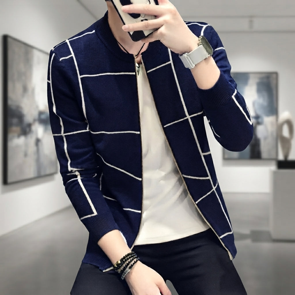 Men's Grid Pattern A Sharp Look  Casual Jacket Stylish Grid Pattern Outerwear For Men Modern Casual Jacket - L, Navy Blue