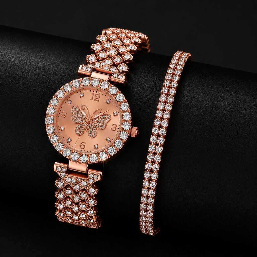 Women's Butterfly Decorative Dial Quartz Watch with 2-Layer Bracelet Set - Gold