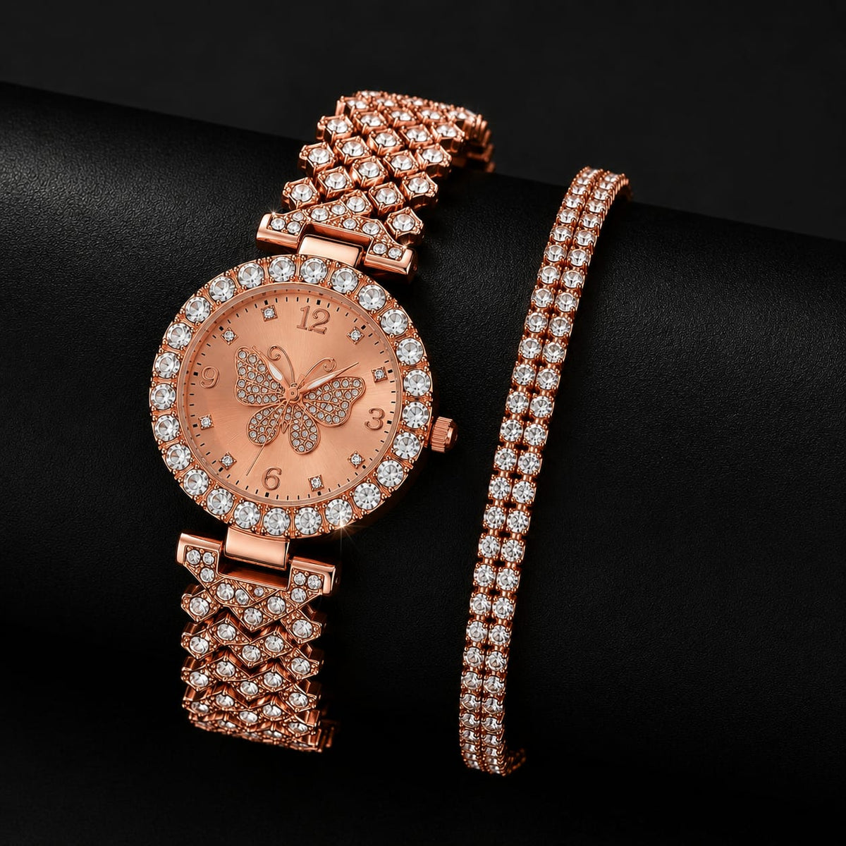 Women's Butterfly Decorative Dial Quartz Watch with 2-Layer Bracelet Set - Gold