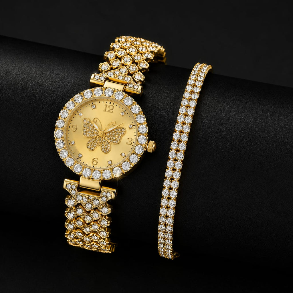 Women's Butterfly Decorative Dial Quartz Watch with 2-Layer Bracelet Set - Gold