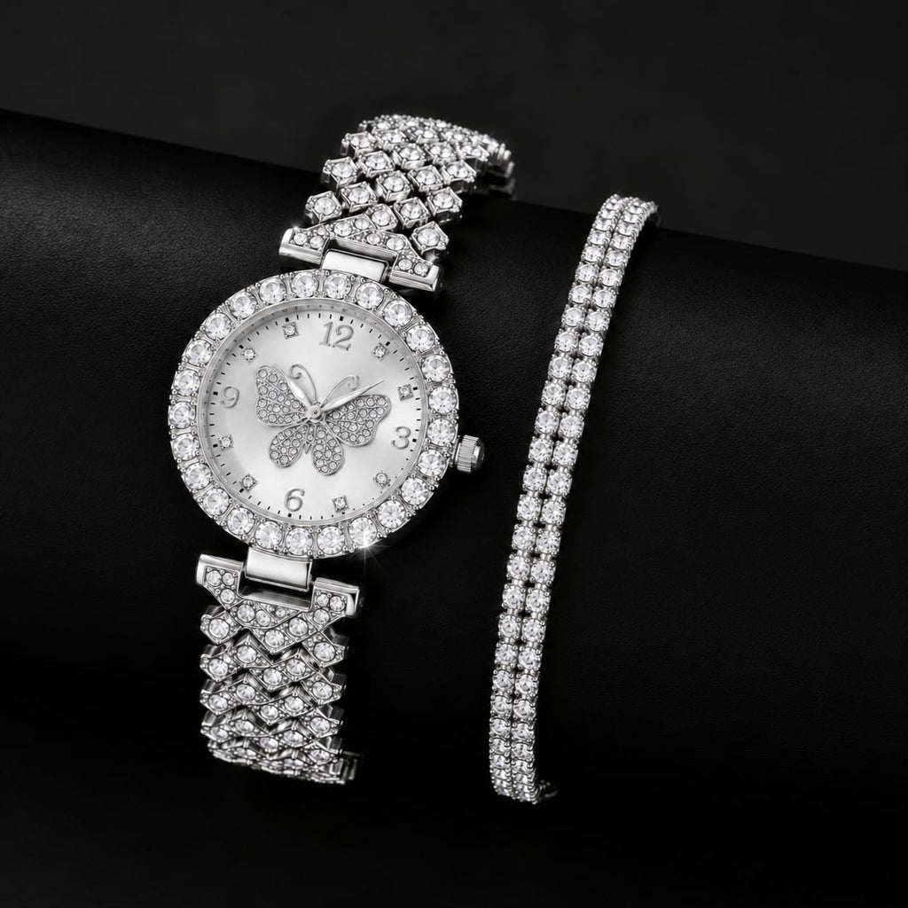 Women's Butterfly Decorative Dial Quartz Watch with 2-Layer Bracelet Set - Gold